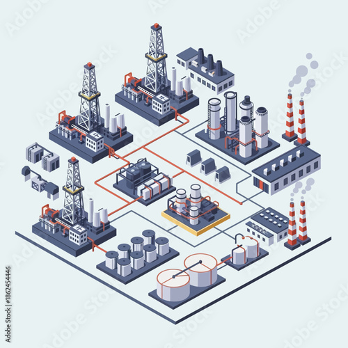 Isometric illustration of a large industrial oil and gas processing complex with multiple drilling rigs, refineries, and interconnected pipelines.