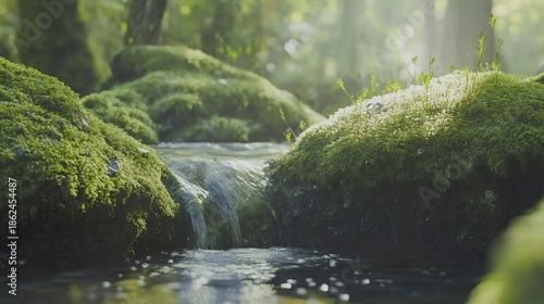 Enchanting Stream Flows Through a Lush Mossy Forest landscape scenery