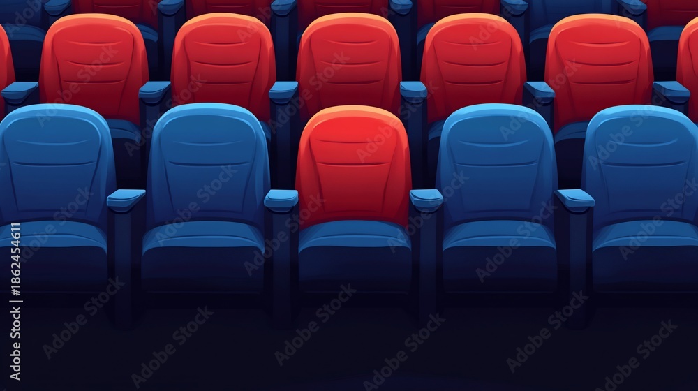 Fototapeta premium Rows of colorful seats in a theater or cinema, showcasing comfort and entertainment for the audience ready for the show