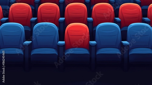 Rows of colorful seats in a theater or cinema, showcasing comfort and entertainment for the audience ready for the show