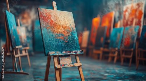 Abstract art exhibition featuring canvas paintings on easels in a gallery setting