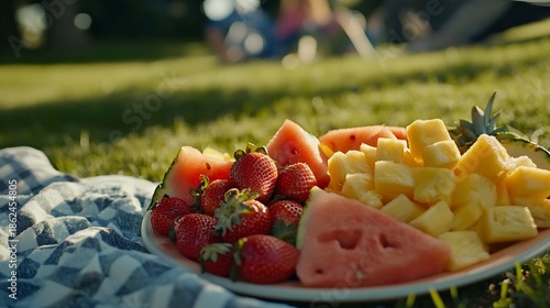 Delicious summer picnic with fresh fruit in the park at sunset creating a cheerful and relaxing mood for a weekend getaway