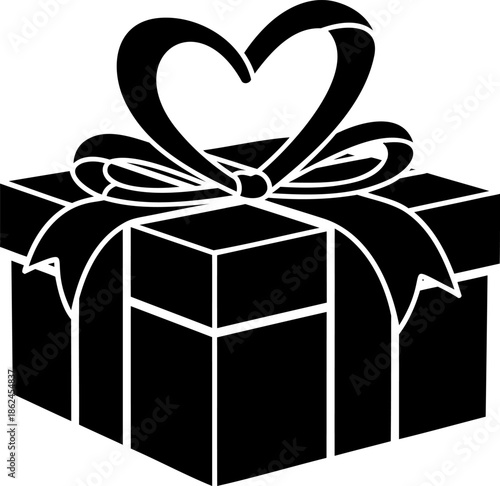 Gift box with heart bow silhouette for Valentine surprise, love celebration and romance themes
