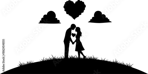 Romantic couple standing together under heart sky silhouette symbolizing love and connection