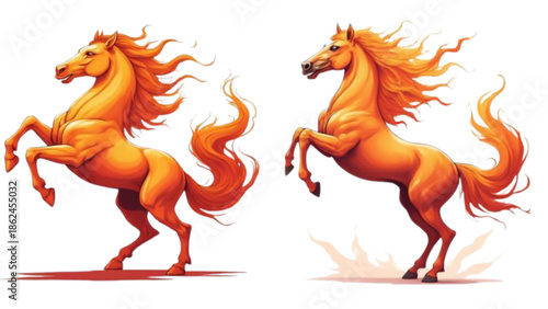 Two fiery orange horses rearing up on black background with flames