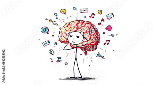 Overwhelmed Stick Figure with Brain Bursting with Vibrant Music and Media Icons