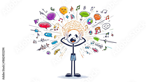 Cartoon Stick Figure Character Overwhelmed by Information and Sensory Overload