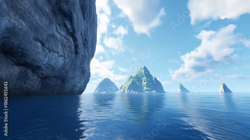 Idyllic Island Scenery with Turquoise Water and Towering Cliffs on a Sunny Day