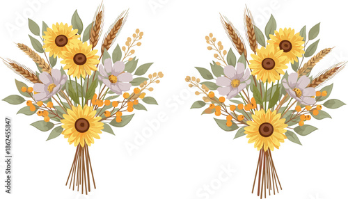 Rustic floral bouquet with sunflowers, wheat stalks, berries, and leaves in symmetrical botanical arrangement for seasonal design and decor.