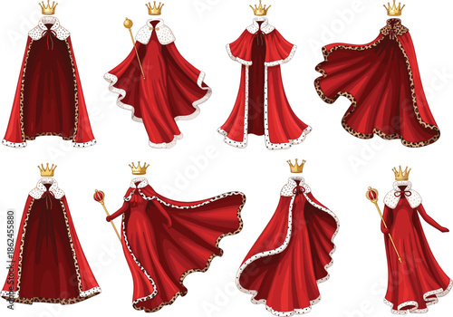 Royal King Queen Red Mantle Cape Set with Golden Crown, Scepter, and Fur Trim Vector Collection