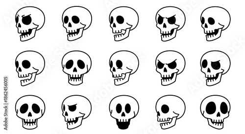 A diverse collection of funny cartoon skull illustrations showcasing various expressions and emotions, perfect for spooky designs, Halloween projects, or unique graphic elements