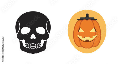Classic Halloween icons collection, featuring a mysterious black skull and a cheerful orange jack-o'-lantern, ideal for spooky autumn holiday designs and seasonal decorations