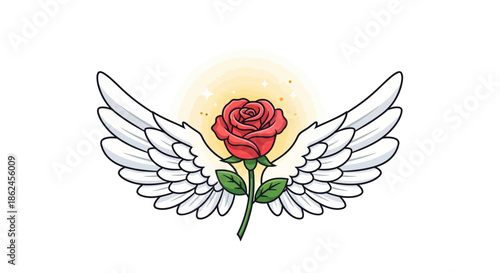 Elegant illustration of a vibrant red rose adorned with graceful white wings and a celestial aura, symbolizing profound love, ethereal beauty, and angelic protection