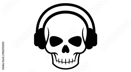 Skull wearing headphones, concept of music and death, an icon for death metal or horror themes