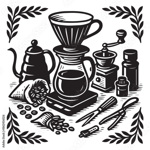 Vintage Coffee Grinder And Brewer Illustration