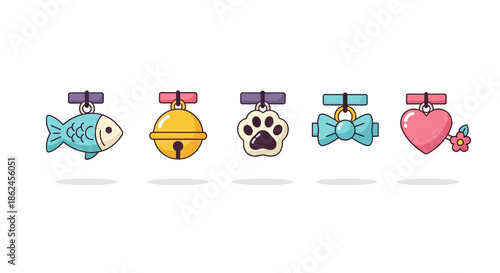 Vibrant vector illustrations of various pet collar tags and charms, including a fish, bell, paw print, bow tie, and heart, designed as charming accessories for beloved animal companions