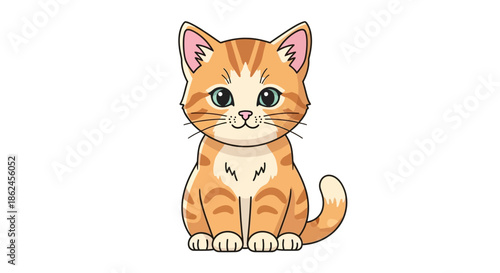 Charming cartoon illustration of a cute orange tabby kitten with bright eyes sitting calmly, perfect for children's designs or pet-themed projects