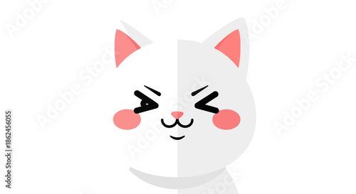 Playful White Cartoon Cat Winking with a Mischievous Smile and Pink Cheeks, a Cute and Charming Illustration for Various Design Projects and Kids' Content