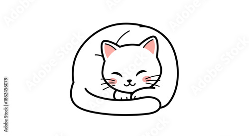Whimsical illustration of a sweet white cat peacefully curled up in a serene slumber, exuding warmth and innocent charm, perfect for heartwarming designs and cozy themes