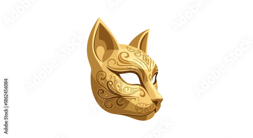 Elegant golden cat mask with intricate swirling patterns, symbolizing mystery, festivity, and cultural celebration, perfect for masquerade events or decorative designs