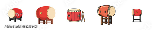 Chinese Drum Traditional Lunar Festival Red Flat Vector Illustration Icon Collection