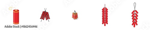 Chinese Firecracker Lunar Festival Traditional Red Flat Vector Illustration Icon Collection