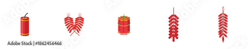 Chinese Firecracker Lunar Festival Hanging Red Flat Vector Icon Illustration Set