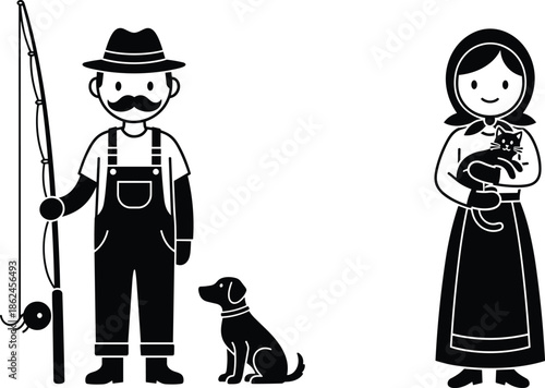 Rural Couple with Dog and Cat, Fishing and Traditional Clothing, Black-and-White Countryside Scene, Stylized Pastoral Illustration