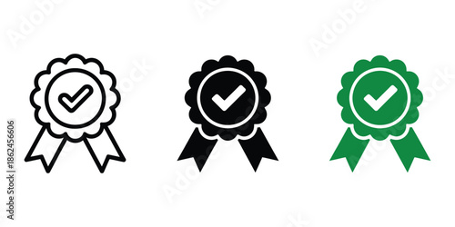 Approved Check Vector Icon, Approved or Certified Medal Icon Set, Certified Badge, Label, Logo, Icon Collection for Profile Verification, Quality Mark, Check Mark Icons, Approval 