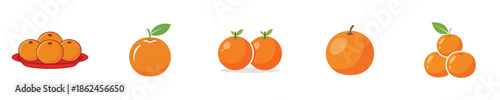 Orange Fruit Lunar New Year Prosperity Symbol Flat Vector Illustration Icon Collection Set