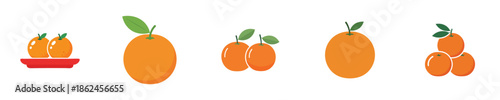 Orange Fruit Lunar New Year Prosperity Symbol Flat Vector Icon Illustration Set