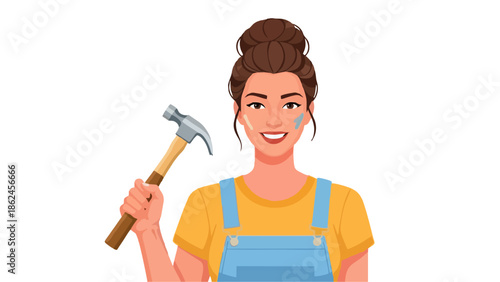 DIY Enthusiast Woman with Hammer and Overalls Ready for Home Renovation Project