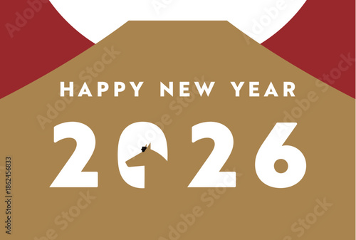 シンプルな馬で飾られた午年の2026年度版横向き年賀状テンプレート（赤）　2026 horizontal happy new year's card template decorated with a simple horse (red)