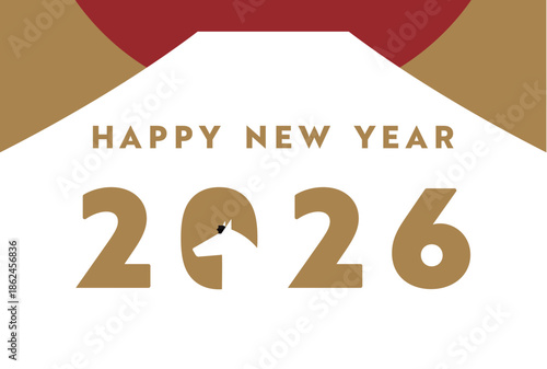 シンプルな馬で飾られた午年の2026年度版横向き年賀状テンプレート（金色）　2026 horizontal happy new year's card template decorated with a simple horse (gold)