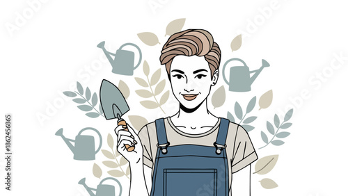 Happy Gardener Woman with Trowel and Watering Cans Illustration Growing Plants and Outdoor Activities Concept