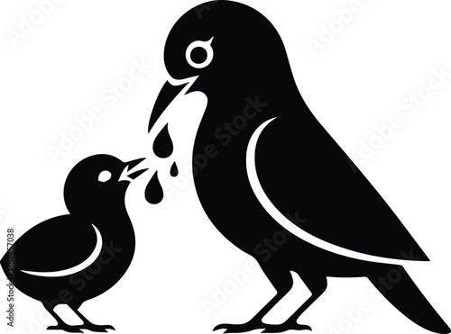 Minimalist black bird feeding its hungry chick silhouette vector icon