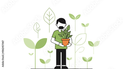 Man Holding Potted Plant Surrounded by Growing Saplings Symbolizing Growth and New Beginnings