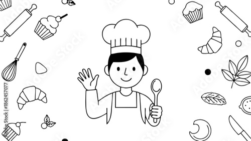 Happy Cartoon Baker Chef Waving Hello with Spoon Surrounded by Baking Ingredients and Tools White Background