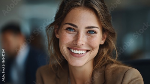 A smiling businesswoman exudes confidence and approachability Free Download A smiling businesswoman exudes confidence and approachability - GFXLoad