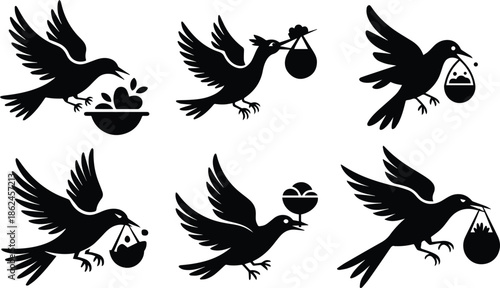 Group of Minimalist black bird flying while carrying food in beak silhouette vector icon