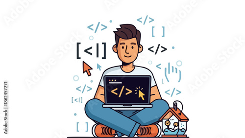 Young developer coding on laptop surrounded by abstract code symbols representing software development and technology