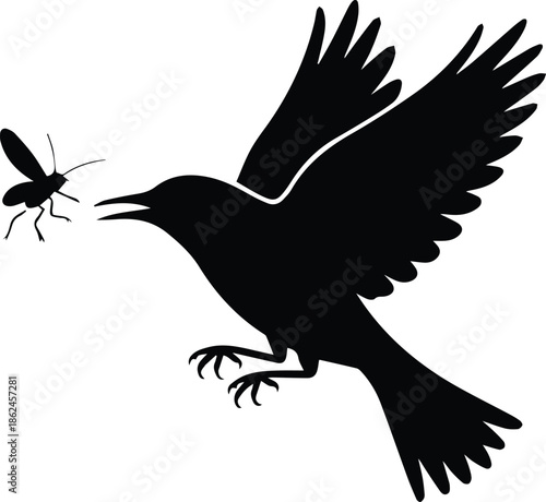 Minimalist black bird chasing an insect in flight mid-air silhouette vector icon