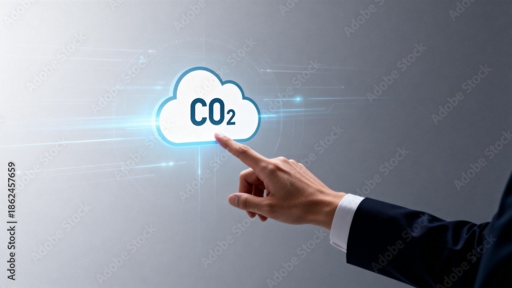 Fototapeta premium Hand pressing CO2 cloud on digital screen