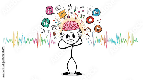 Distressed Stick Figure Overwhelmed by Information Overload and Sensory Noise Illustration