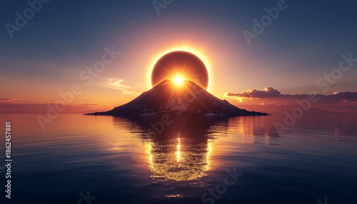 Stunning Solar Eclipse Over Water with Mountain Silhouette at Sunset.