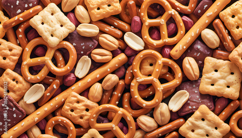 A mix of crunchy pretzels peanuts breadsticks and crackers is scattered together with visible salt and nuts creating a colorful and appetizing snack assortment