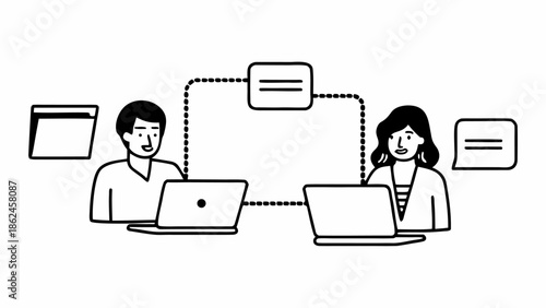 Line Art Flat Vector Illustration of Two Business People Collaborating Online