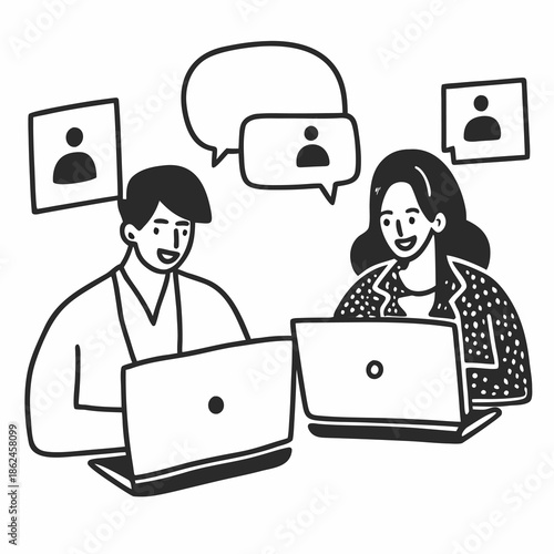 Line Art Flat Vector Illustration of Two Business People Collaborating Online