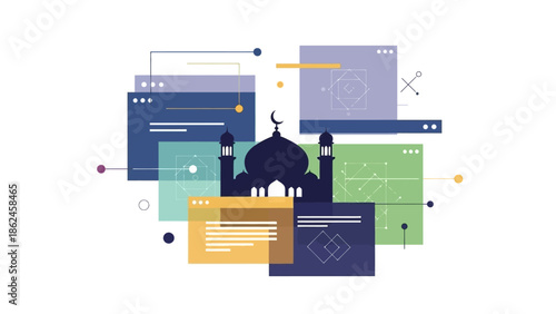 A digital illustration of various web pages and screens surrounding a mosque.