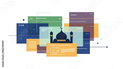 A digital illustration of a mosque surrounded by various colorful screens and rectangles in a modern technological environment.